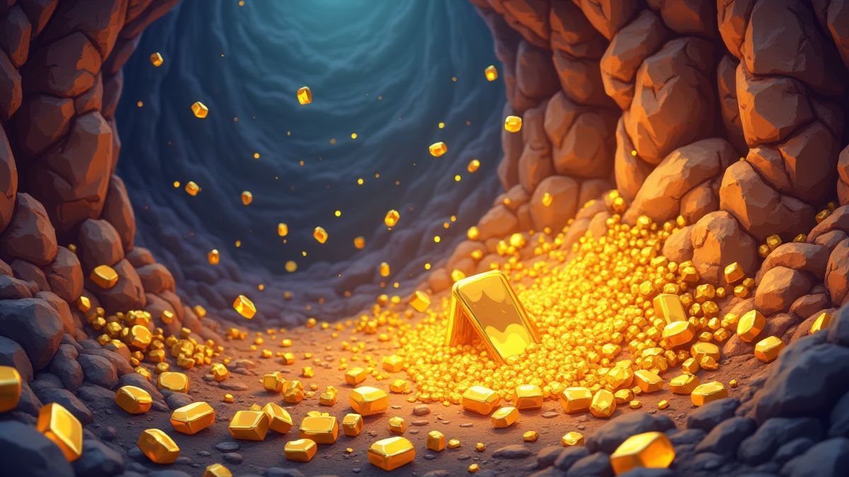 Eine lebhafte Mine mit verstreuten Goldbarren und Diamanten.