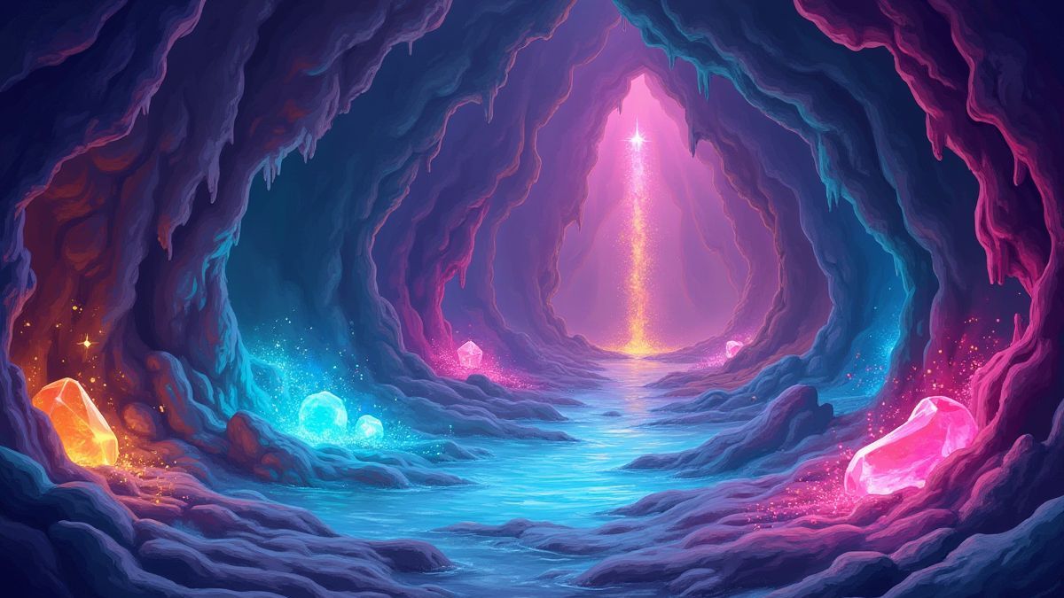Eine farbenfrohe Höhle mit funkelnden Edelsteinen und animierten Effekten.