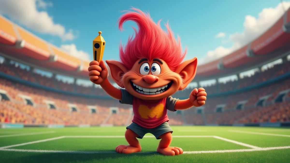 Un troll feliz sosteniendo un silbato en un estadio de fútbol colorido.