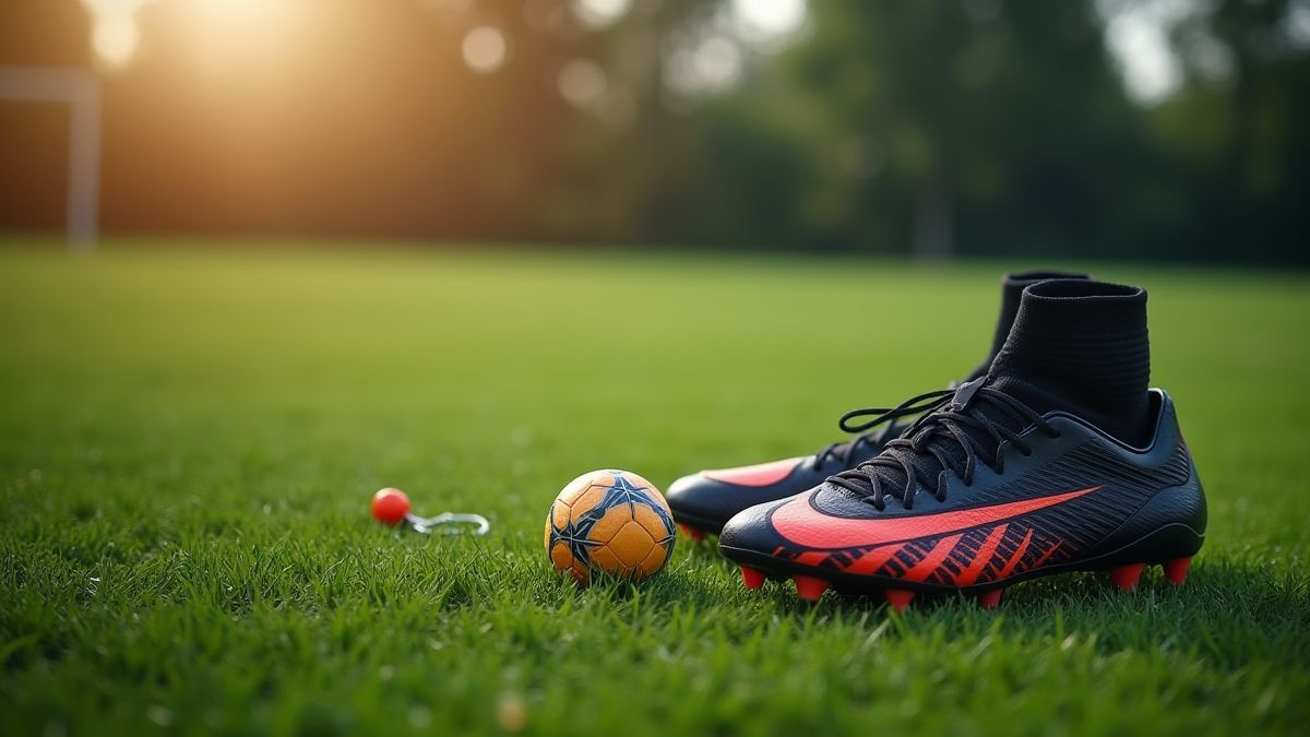 Botas de fútbol y un silbato sobre un campo de césped.