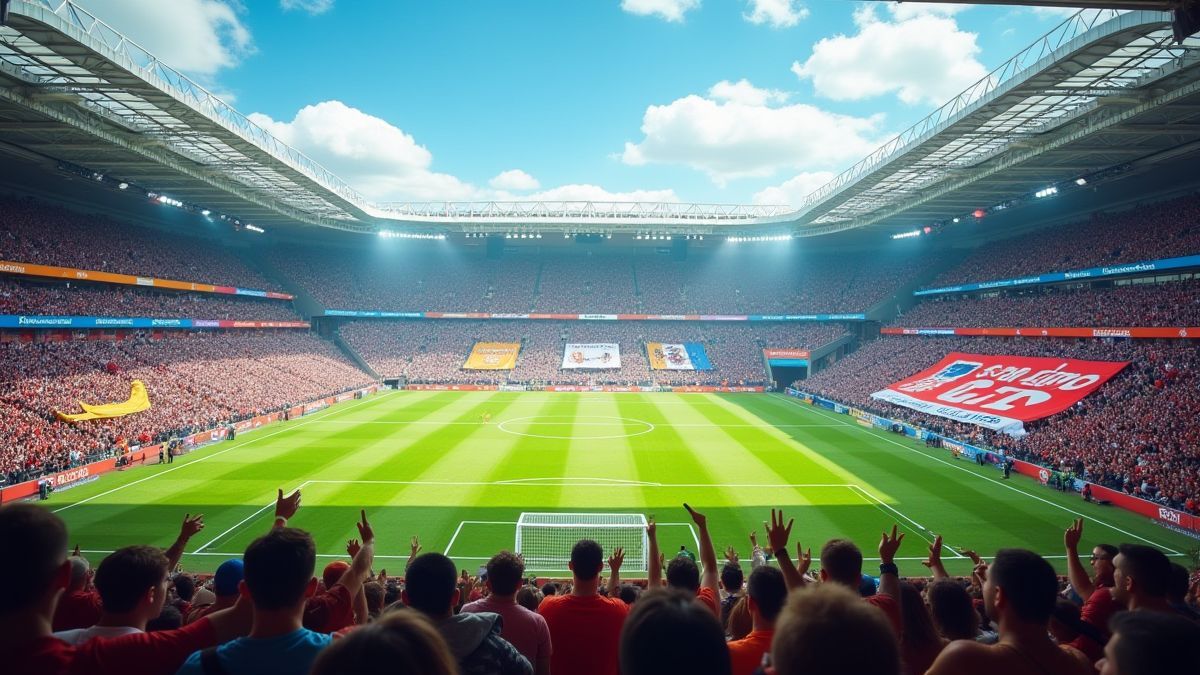 Estadio de fútbol animado con aficionados animando y pancartas coloridas.