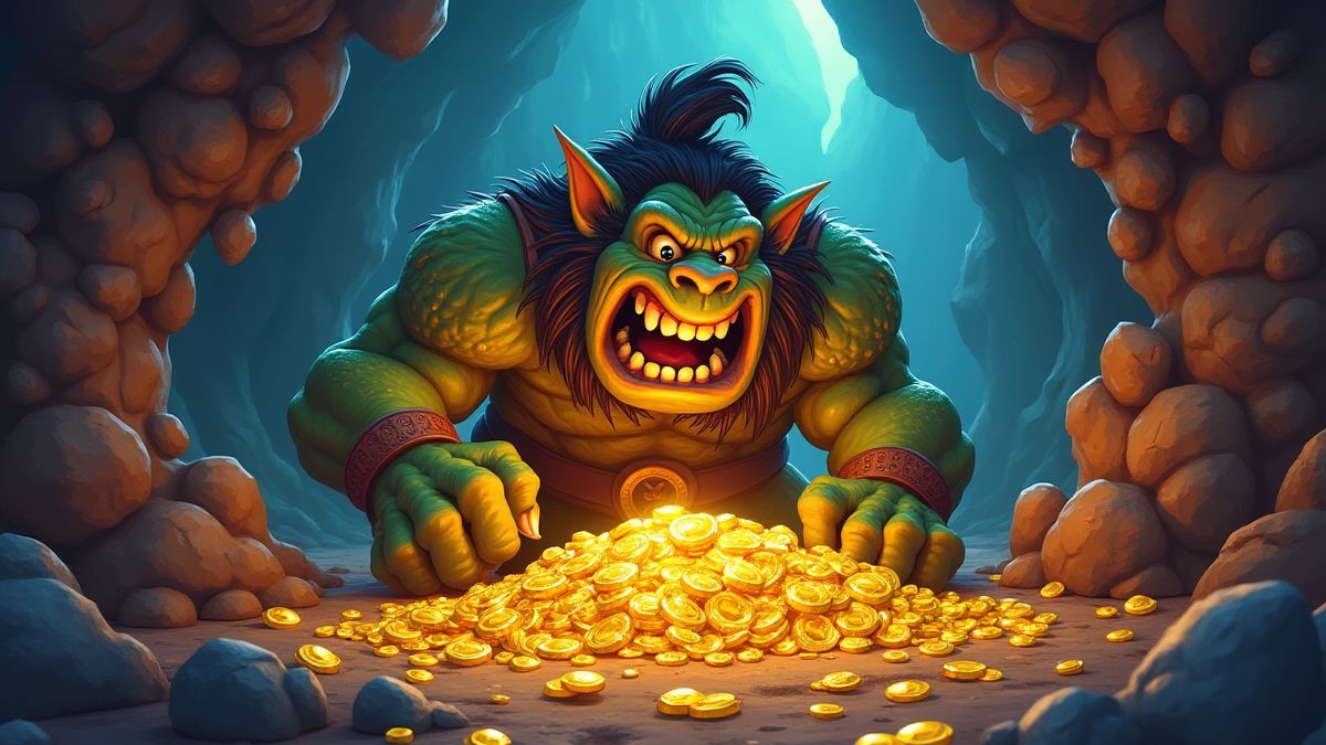 Hugo rodeado de oro y tesoros en una mina mágica.