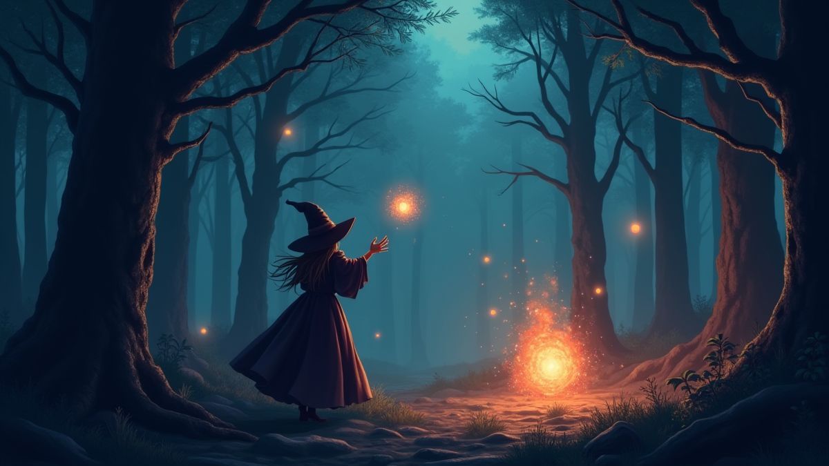 La bruja Afskylia invocando giros gratis entre árboles oscuros.