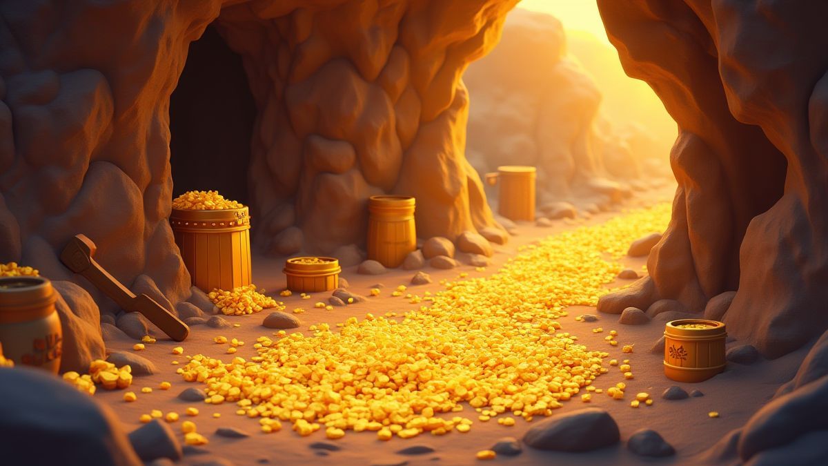 Una mina de oro llena de herramientas y tesoros.