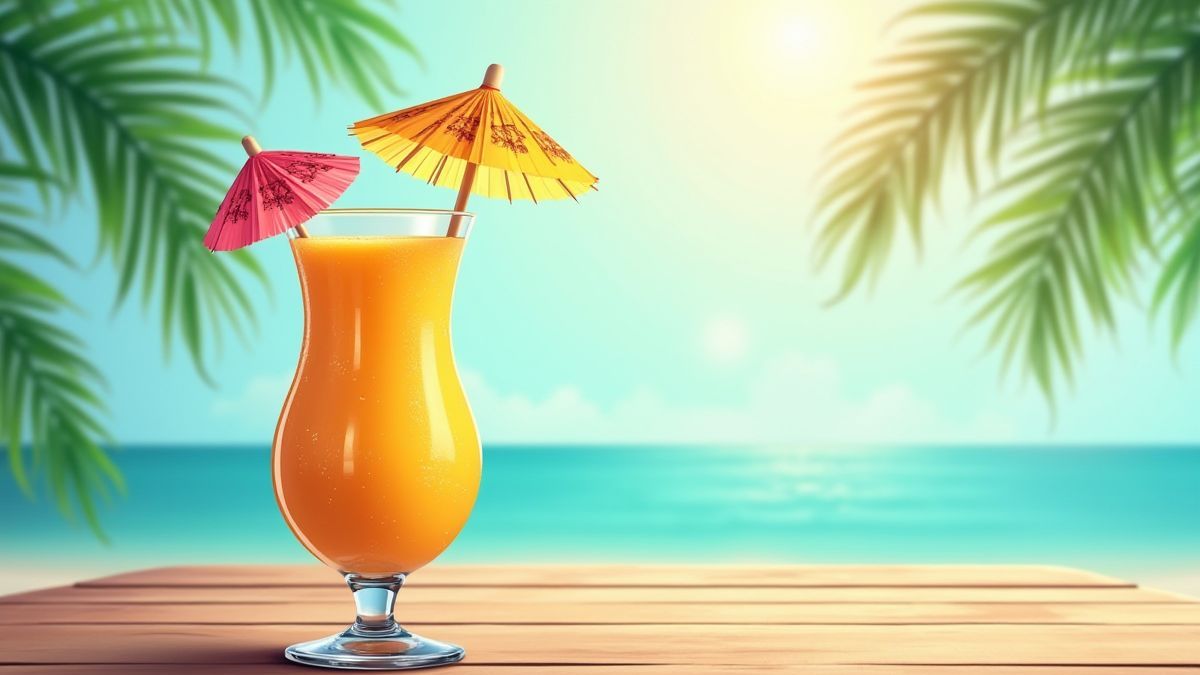 Cóctel tropical con sombrilla en una mesa de playa