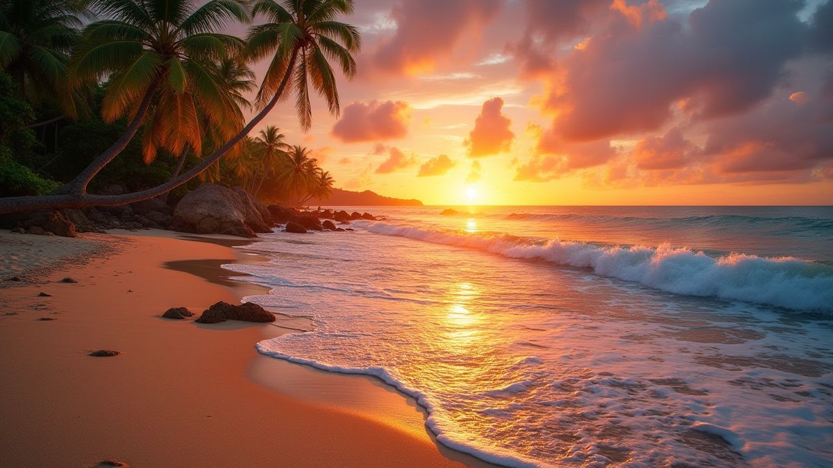 Vista al atardecer de una playa tropical con palmeras y olas