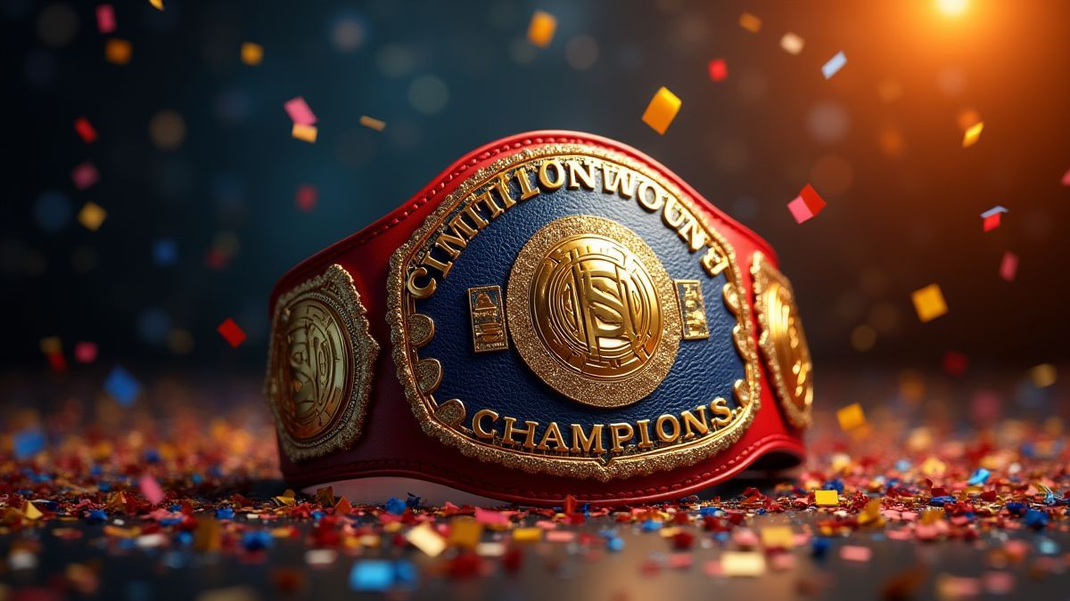 Cinturão de campeonato rodeado de luzes brilhantes e confete.