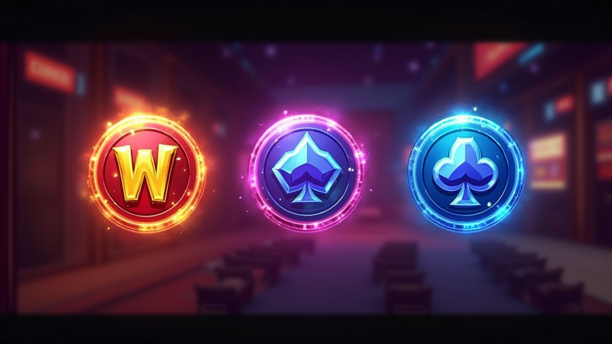 Glanzende symbolen zoals Wild en Scatter in een casino omgeving.