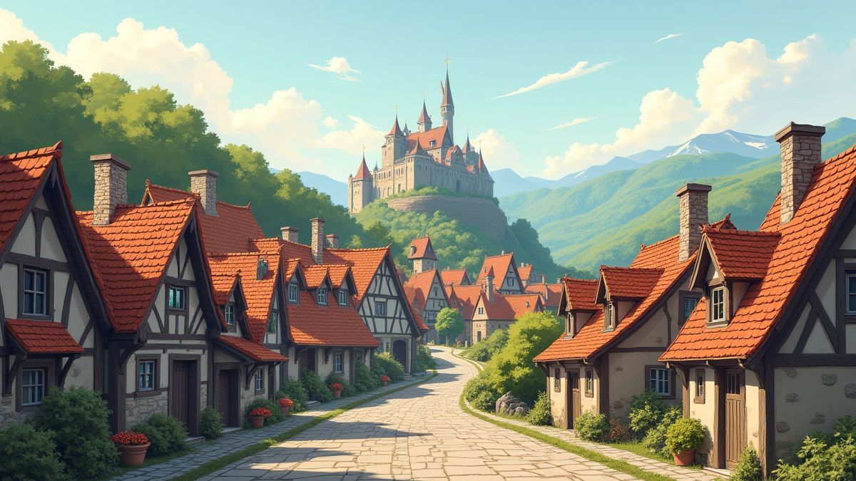 Una villa medieval con calles empedradas y casas pintorescas.