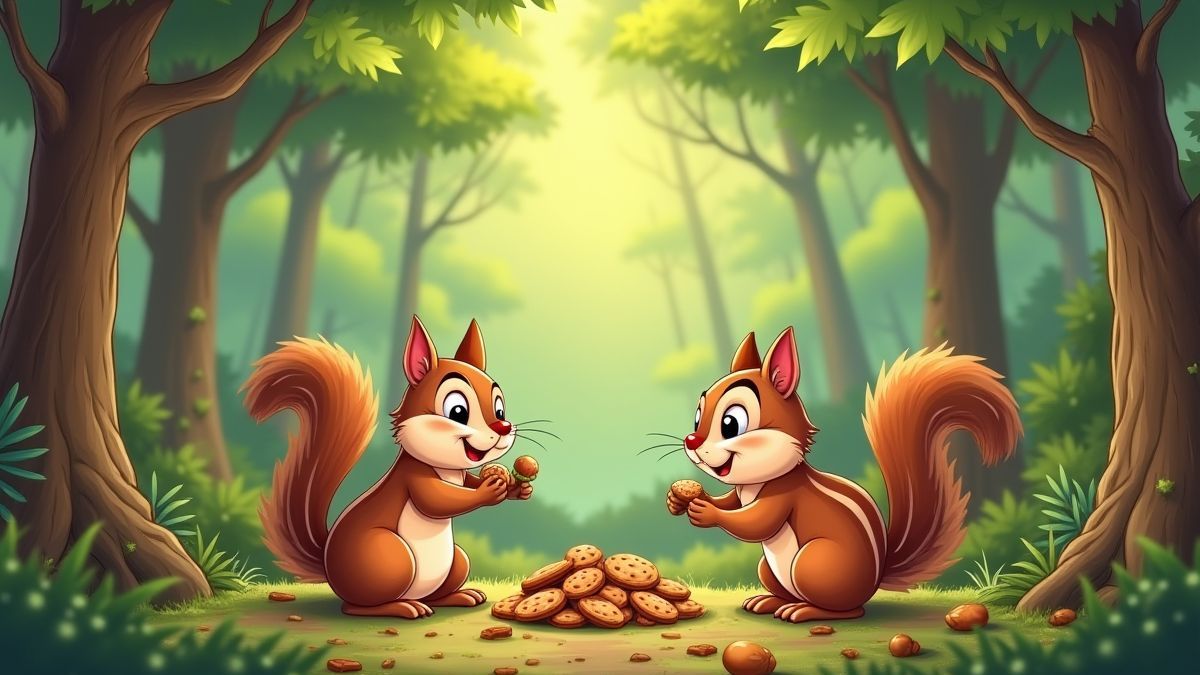 Un bosque estilo dibujo animado con ardillas recolectando nueces y galletas.