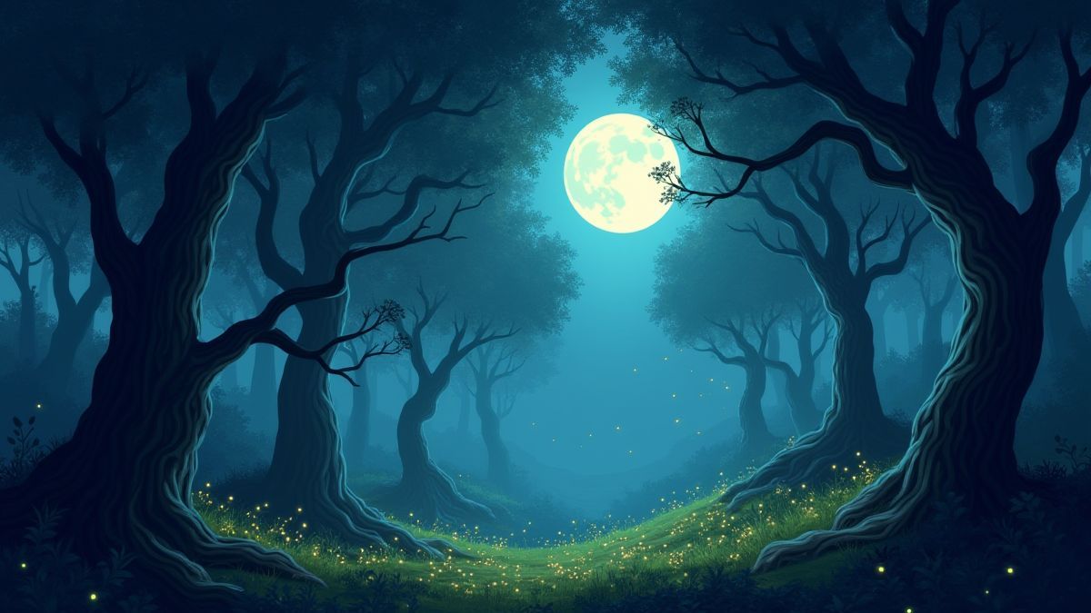 Un bosque mágico con luciérnagas brillando bajo la luna llena.