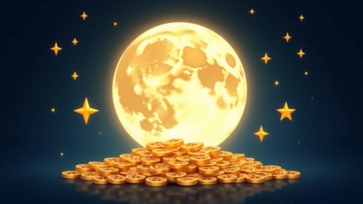 Una luna brillante rodeada de monedas y estrellas, simbolizando ganancias en el slot.