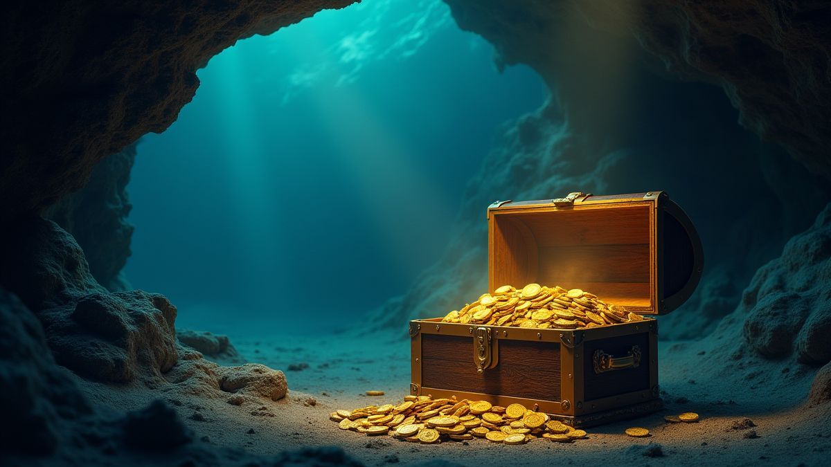 Eine Schatztruhe, die in einer Unterwassergrotte aufgeht.