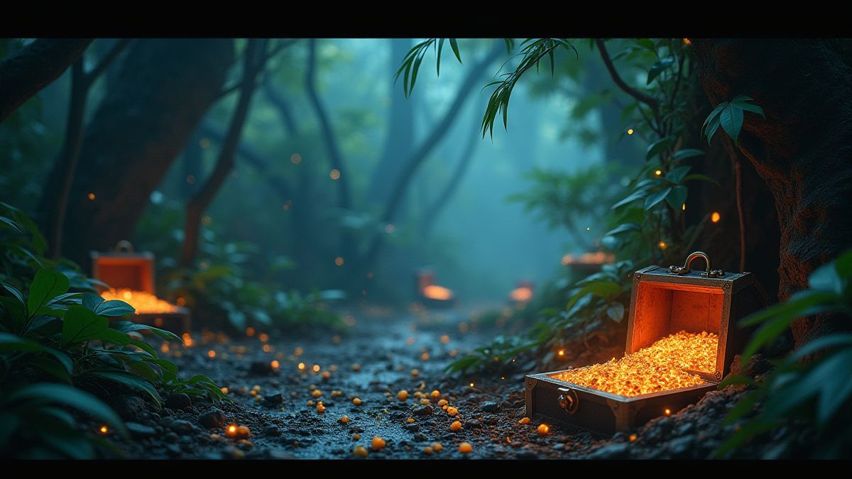 An animated jungle scene with sparkling treasures and glowing artifacts.