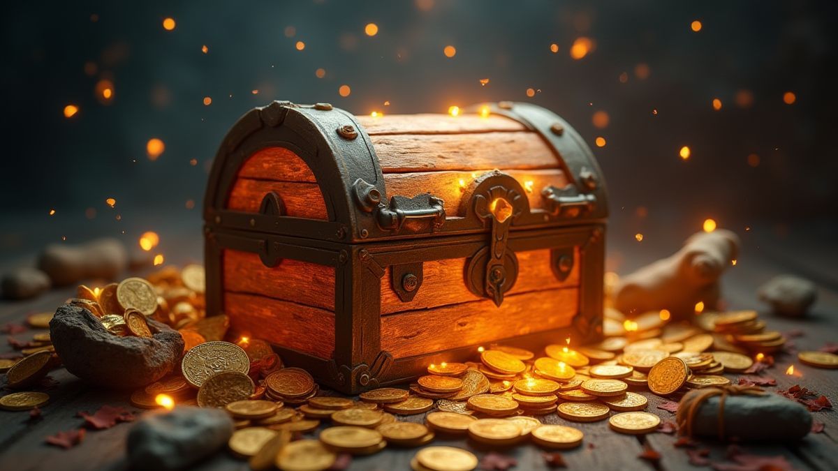 A glowing treasure chest surrounded by gold coins and mystical artifacts.