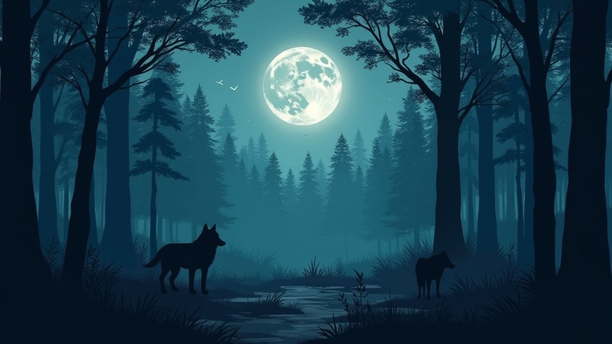 Ein Wald im Mondschein mit Wölfen und Adlern.