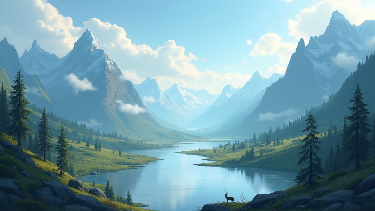 Eine ruhige Landschaft mit Bergen, Flüssen und Wildtieren.