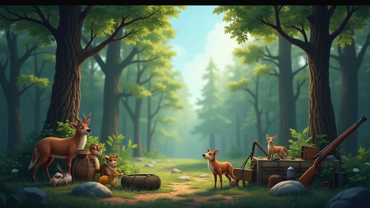 Ein animierter Wald mit Wildtieren und Jagdzubehör.