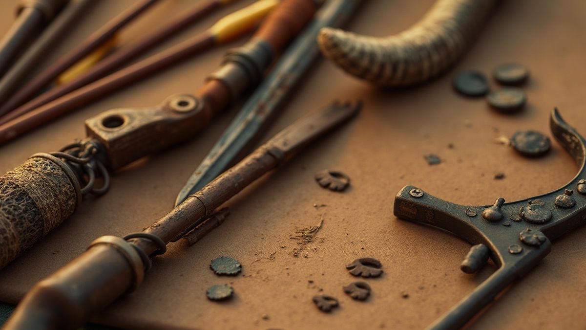 Animiertes Jagdzubehör wie Bögen, Pfeile und Tierspuren.