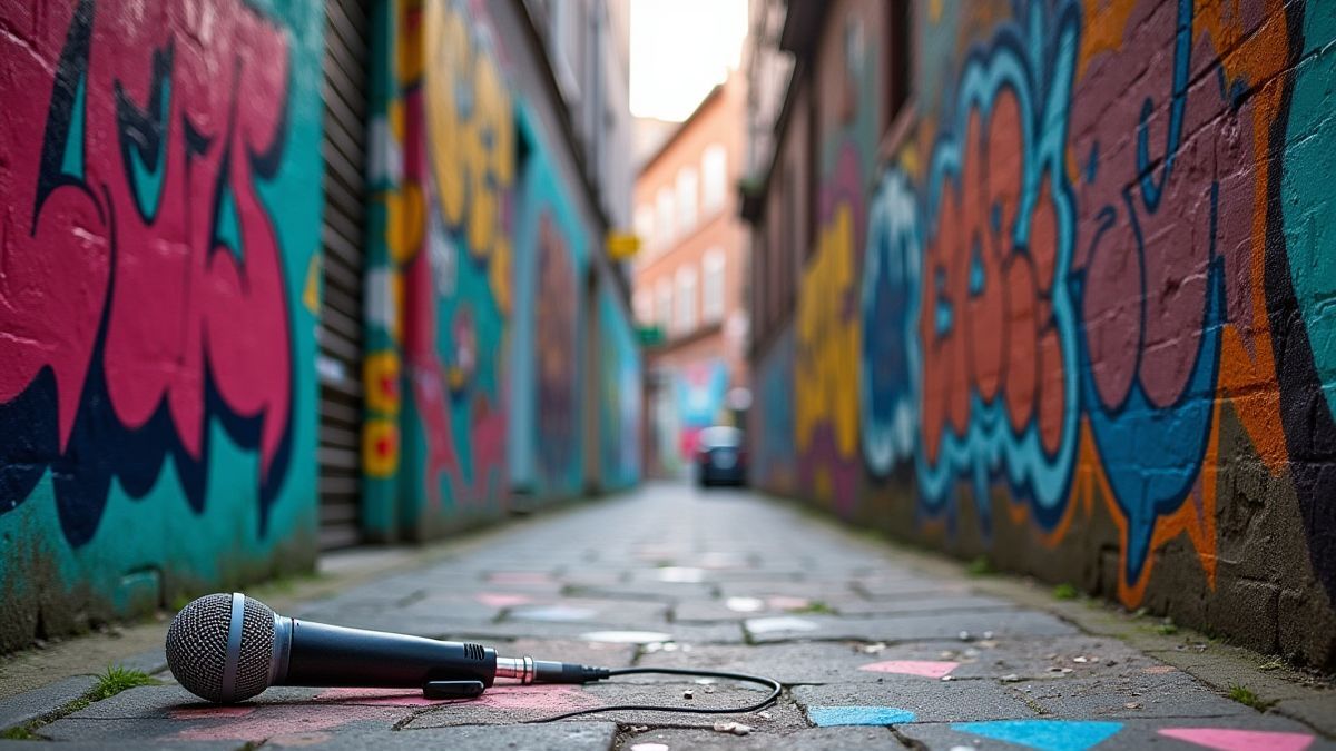 Un callejón urbano cubierto de grafitis con colores vibrantes y un micrófono en el suelo.