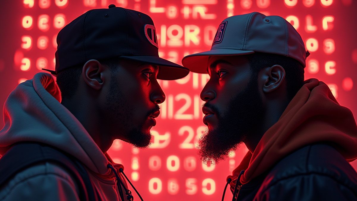 Dos personajes de rap en lados opuestos rodeados de multiplicadores brillantes y gráficos urbanos.