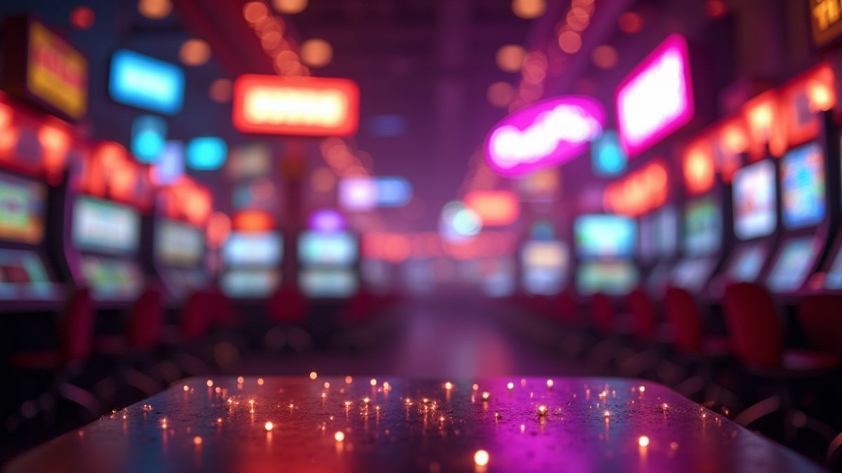 Escena de casino retro con luces de neón y destellos.