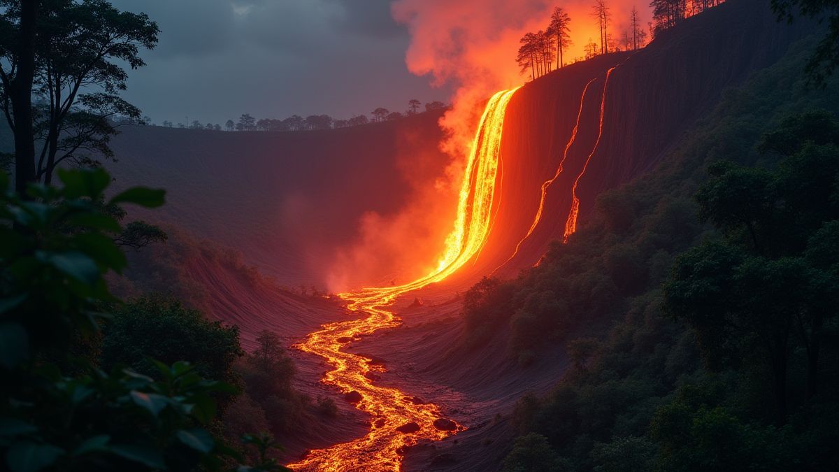 Lava brillante fluyendo por un volcán rodeado de jungla.