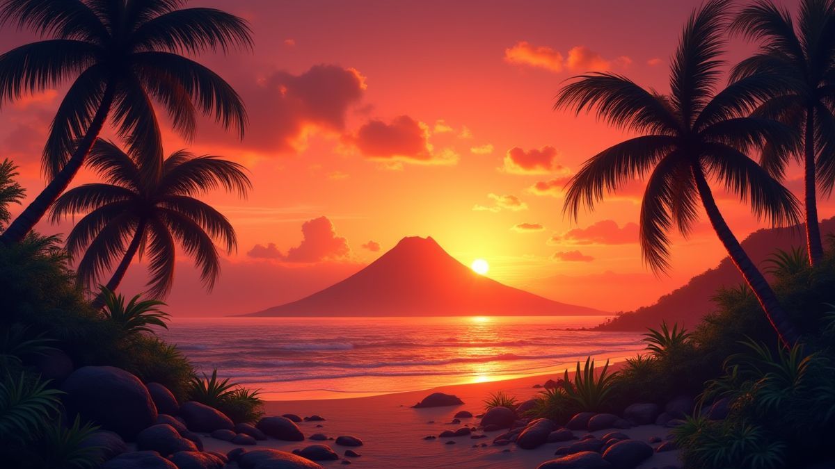 Atardecer tropical con un volcán al fondo.
