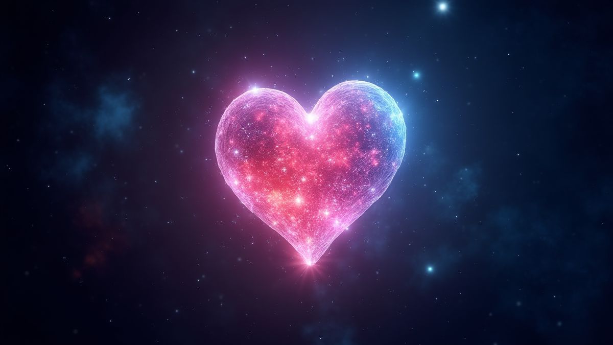 A shining crystal in the shape of a heart floating in space.