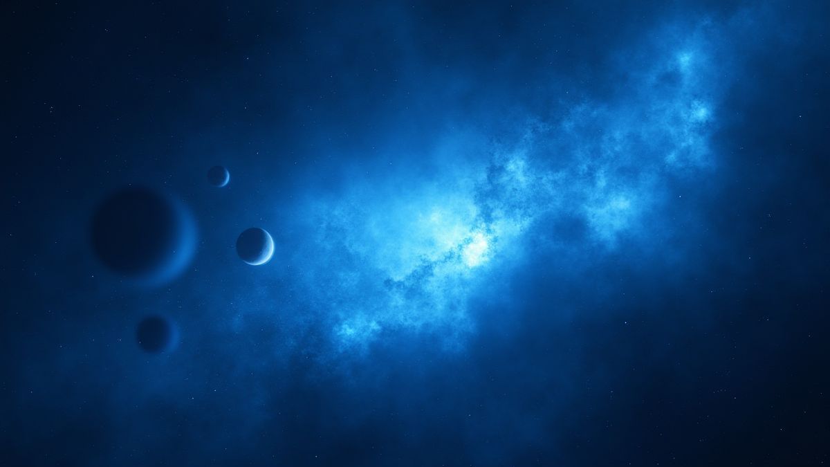 A bright blue nebula with stars and planets scattered in space.