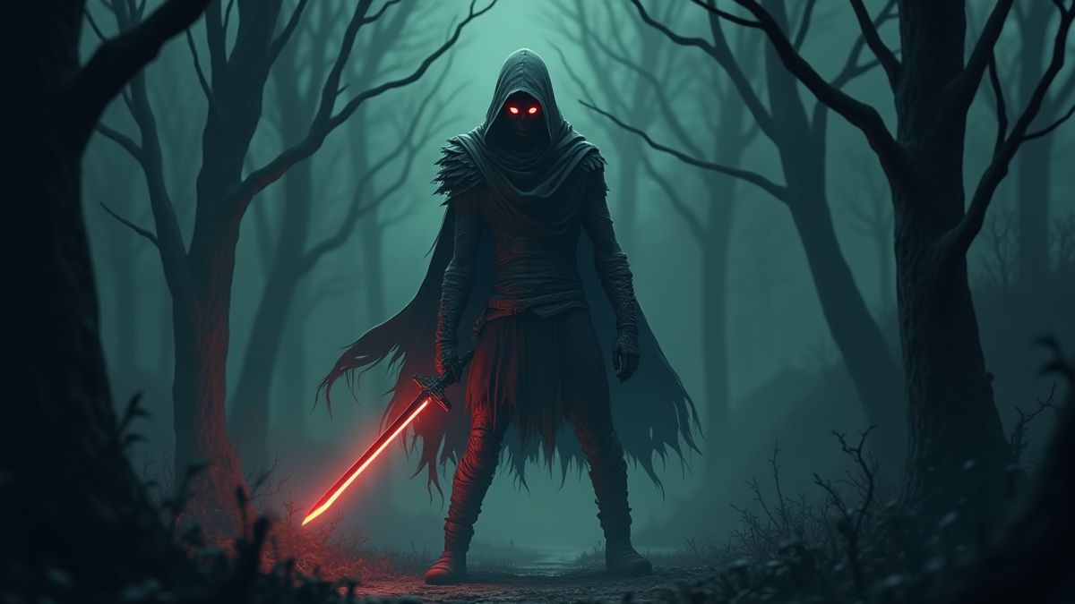 Um guerreiro zumbi misterioso segurando uma espada brilhante em uma floresta escura.