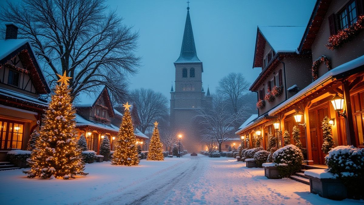 Place de village enneigée avec des arbres de Noël décorés et des lanternes brillantes.