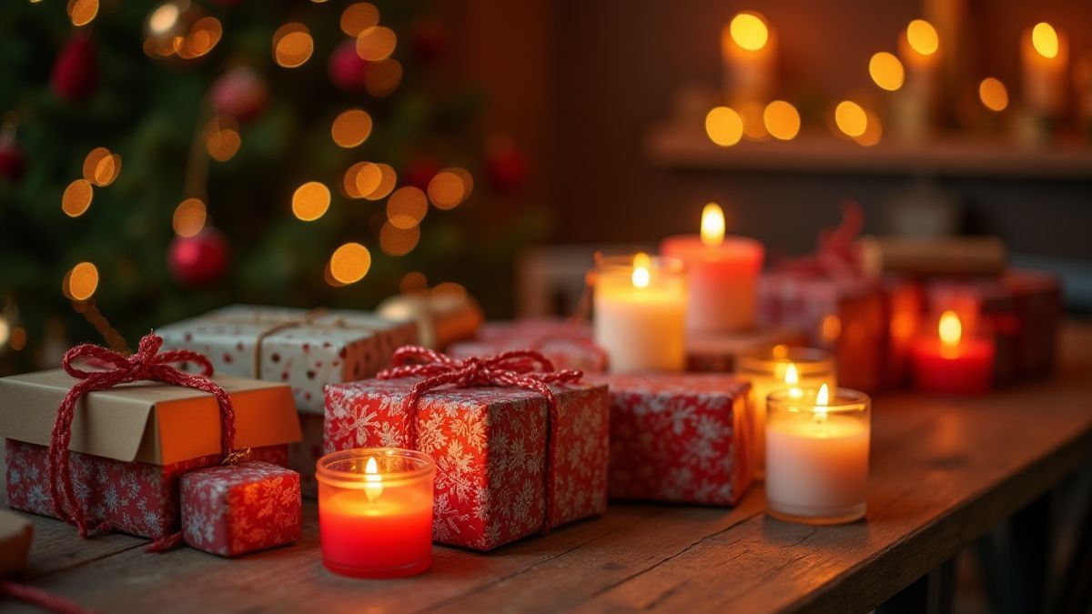 Table festive avec des cadeaux emballés et des bougies brillantes.