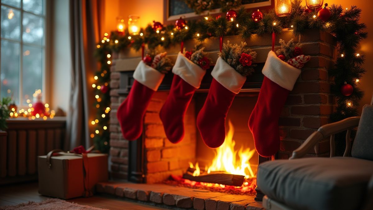 Salon accueillant avec une cheminée et des bas de Noël accrochés.