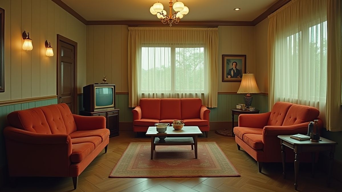 Salão vintage dos anos 50 com uma televisão clássica reproduzindo um programa de comédia.