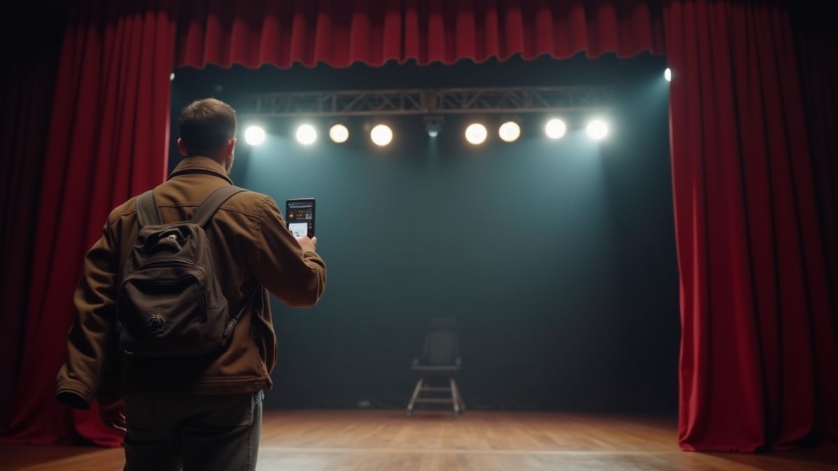 Um palco iluminado com uma câmera vintage gravando uma cena de comédia.