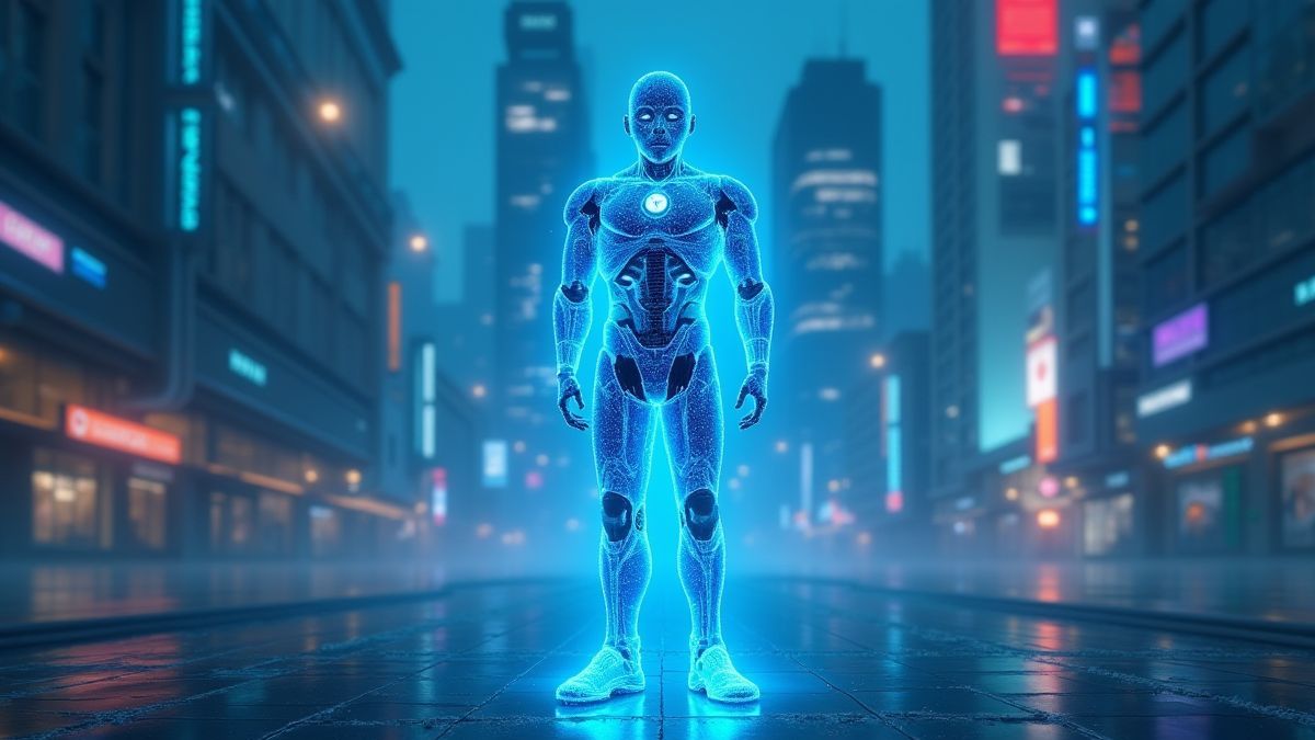 Robô holográfico azul em uma cidade futurista.