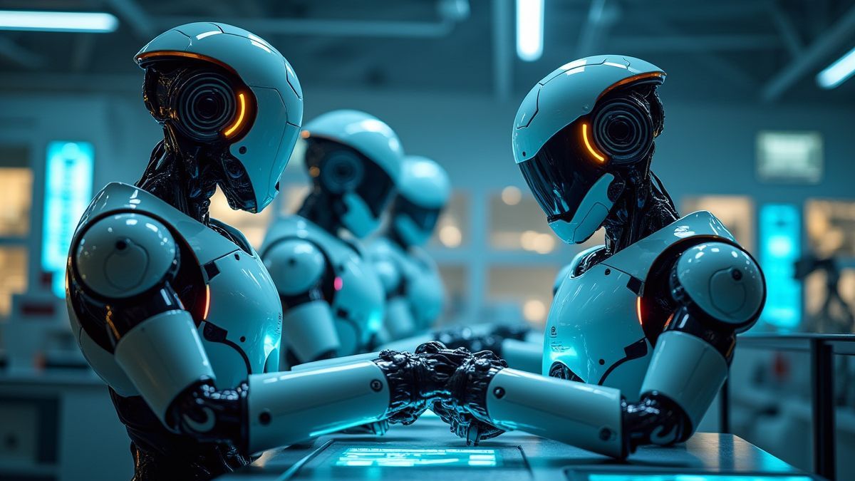 Robots futuristes collaborant dans un laboratoire de haute technologie.