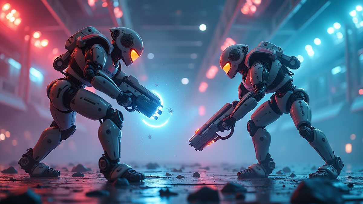 Robots se battant dans une arène futuriste avec des lumières néon.