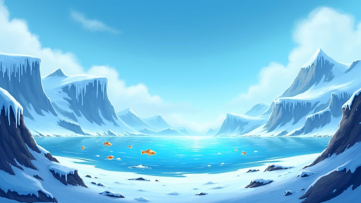 Lebendige gefrorene Landschaft mit Fischen und eisbedeckten Klippen.