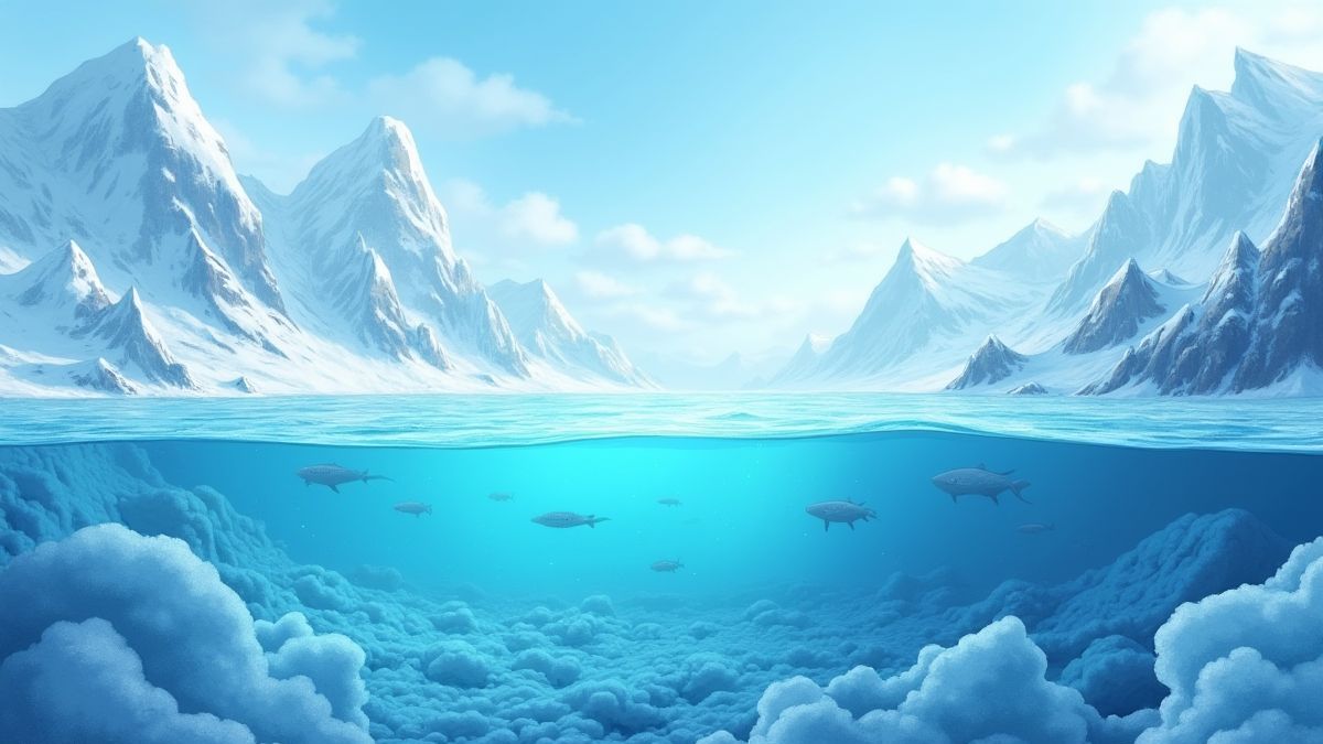 Arktische Szene mit schimmerndem Eis und Fischen unter der gefrorenen Oberfläche.