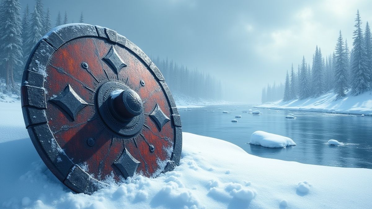 Escudo vikingo congelado cerca de un río helado.