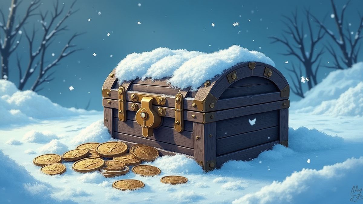 Cofre del tesoro rodeado de hielo y nieve con monedas doradas.