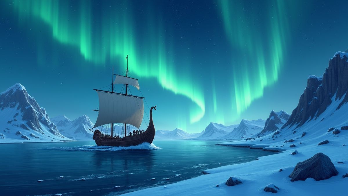 Barco vikingo navegando por aguas heladas bajo la aurora boreal.