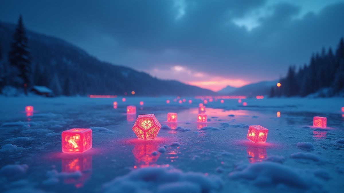 Ijzig landschap met glanzende dobbelstenen boven een bevroren meer.