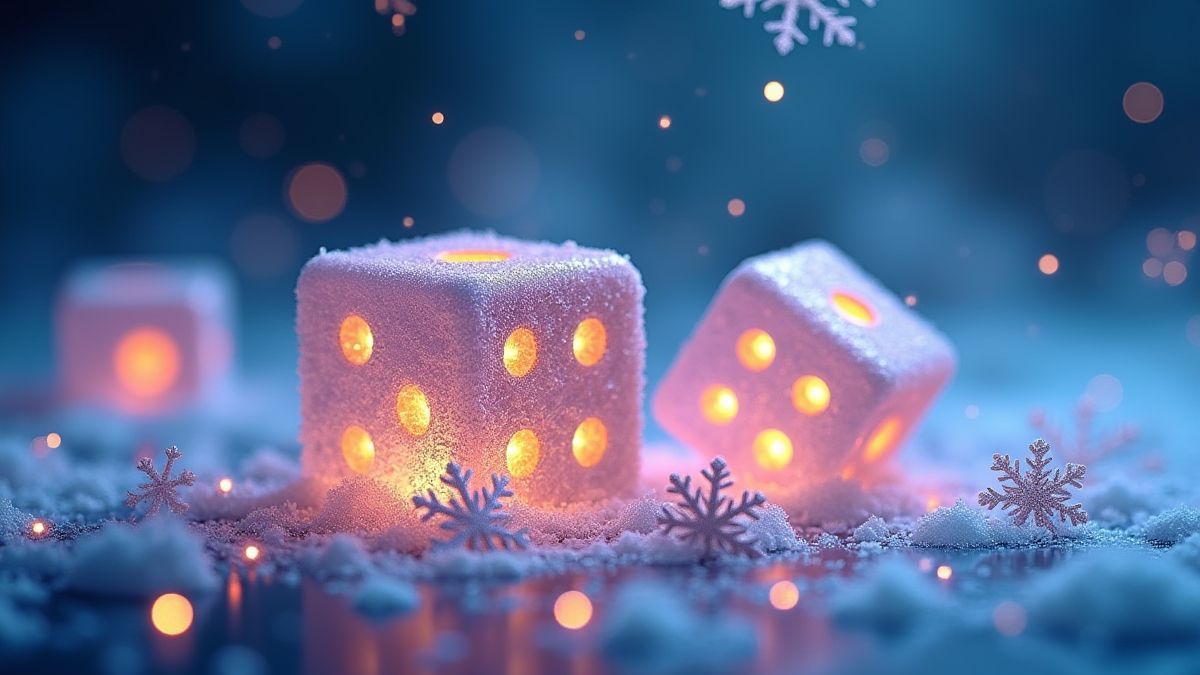 Glanzende dobbelstenen omringd door ijzige sneeuwvlokken.