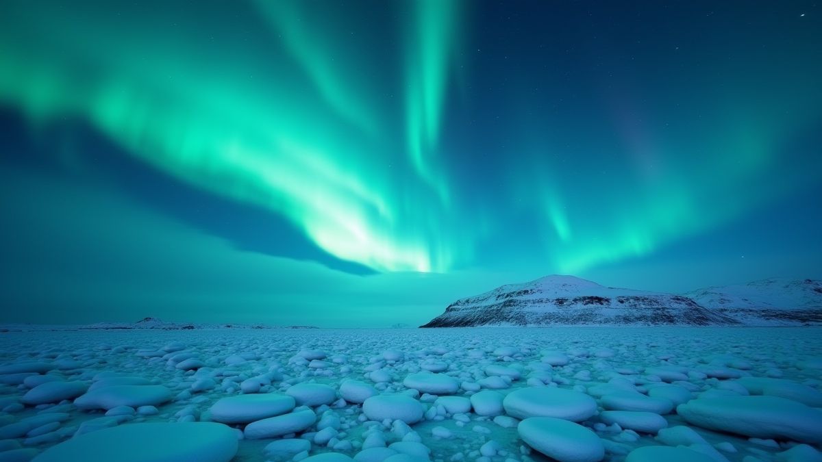 Aurora borealis die een ijzig landschap verlicht.