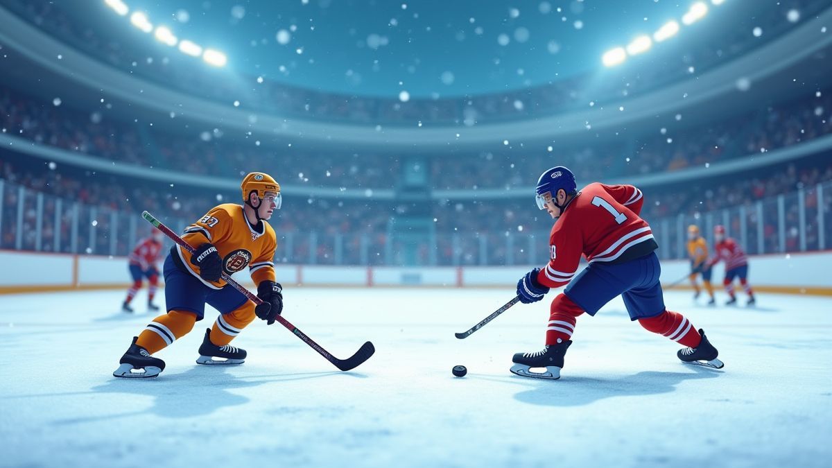 Dos equipos de hockey animados enfrentándose en un estadio nevado.