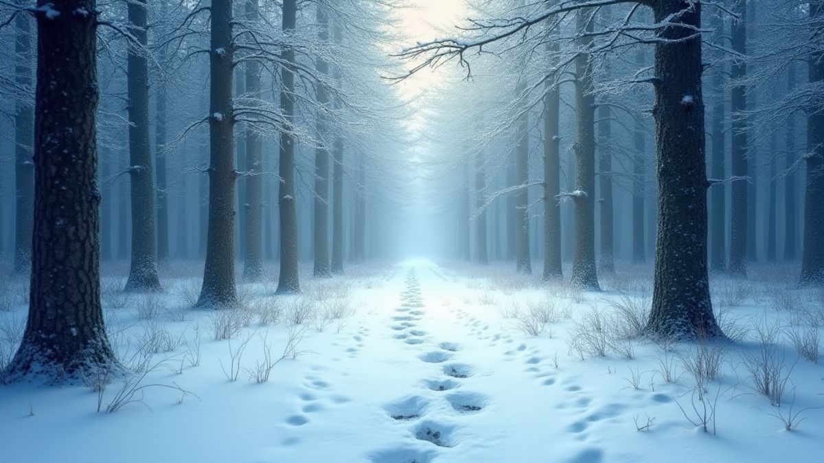Een besneeuwd bos met voetafdrukken die naar een verborgen schat leiden.