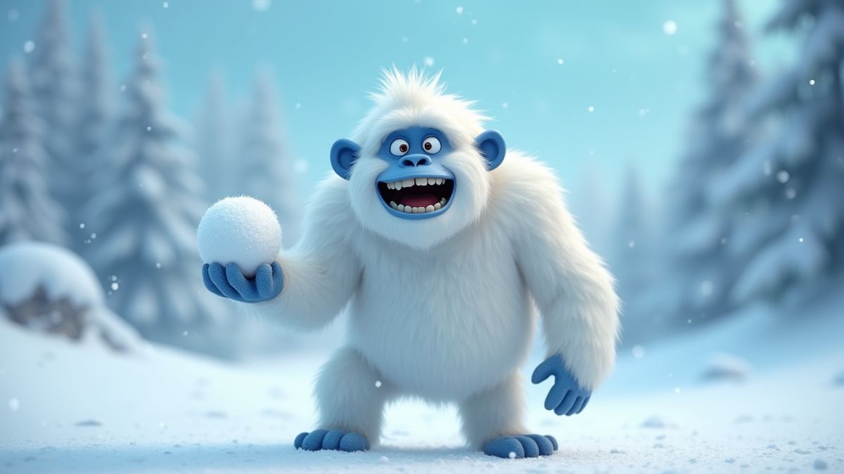 Een yeti die een sneeuwbal vasthoudt in een speelse pose.
